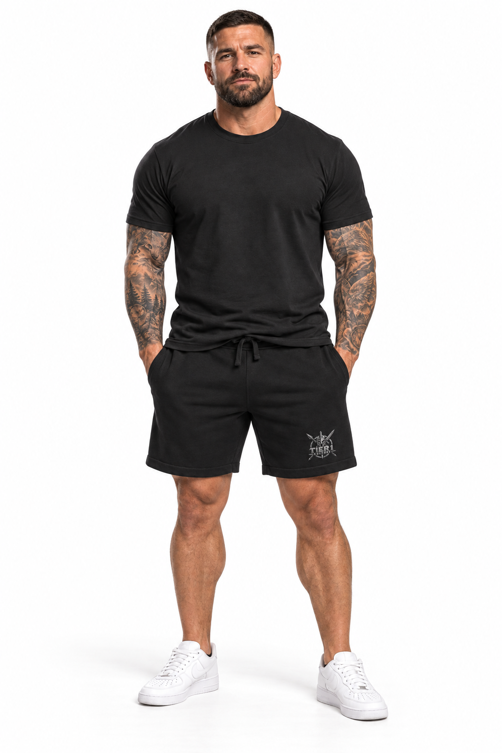 AI-generated tattooed model wearing Tier 1 Black Sweatshorts