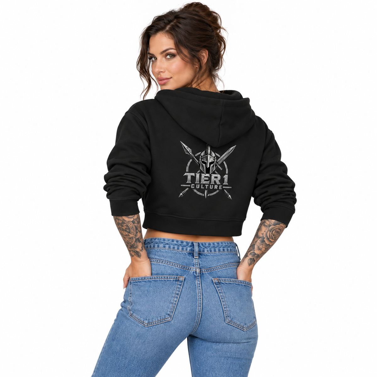 AI-generated tattooed female model wearing Women’s Relaxed Crop Hoodie — rear view
