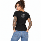 AI-generated tattooed female model wearing Women's V-Neck Tee – Tribal Culture Warrior Graphic — rear view