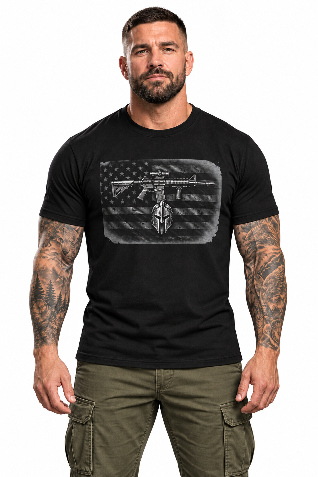 AI-generated tattooed male model wearing Vintage Military Aircraft Graphic Performance T-Shirt