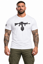 AI-generated tattooed male model wearing Tactical Rifle Graphic Performance T-Shirt
