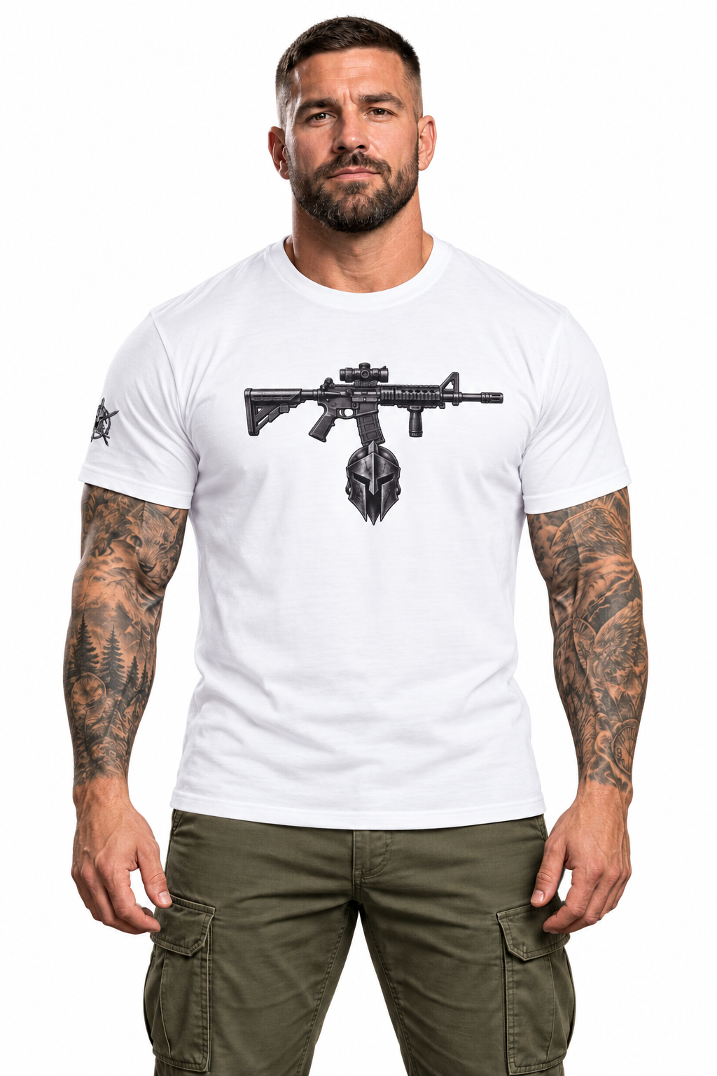 AI-generated tattooed male model wearing Tactical Rifle Graphic Performance T-Shirt