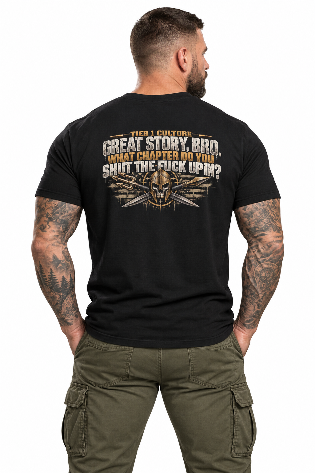 AI-generated model — correct rear view of Gearhead Wrench Skull Graphic T-Shirt