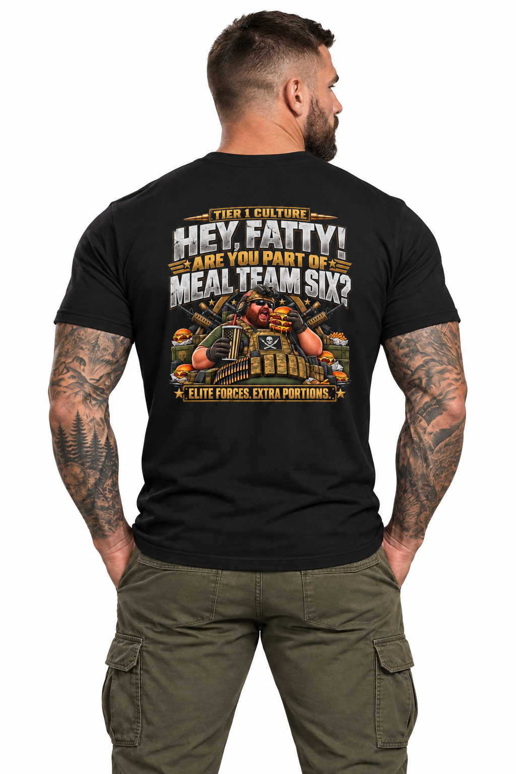 AI-generated model — correct rear view of Tier 1 Culture Heavy Duty Meal Team Six Military Graphic T-Shirt