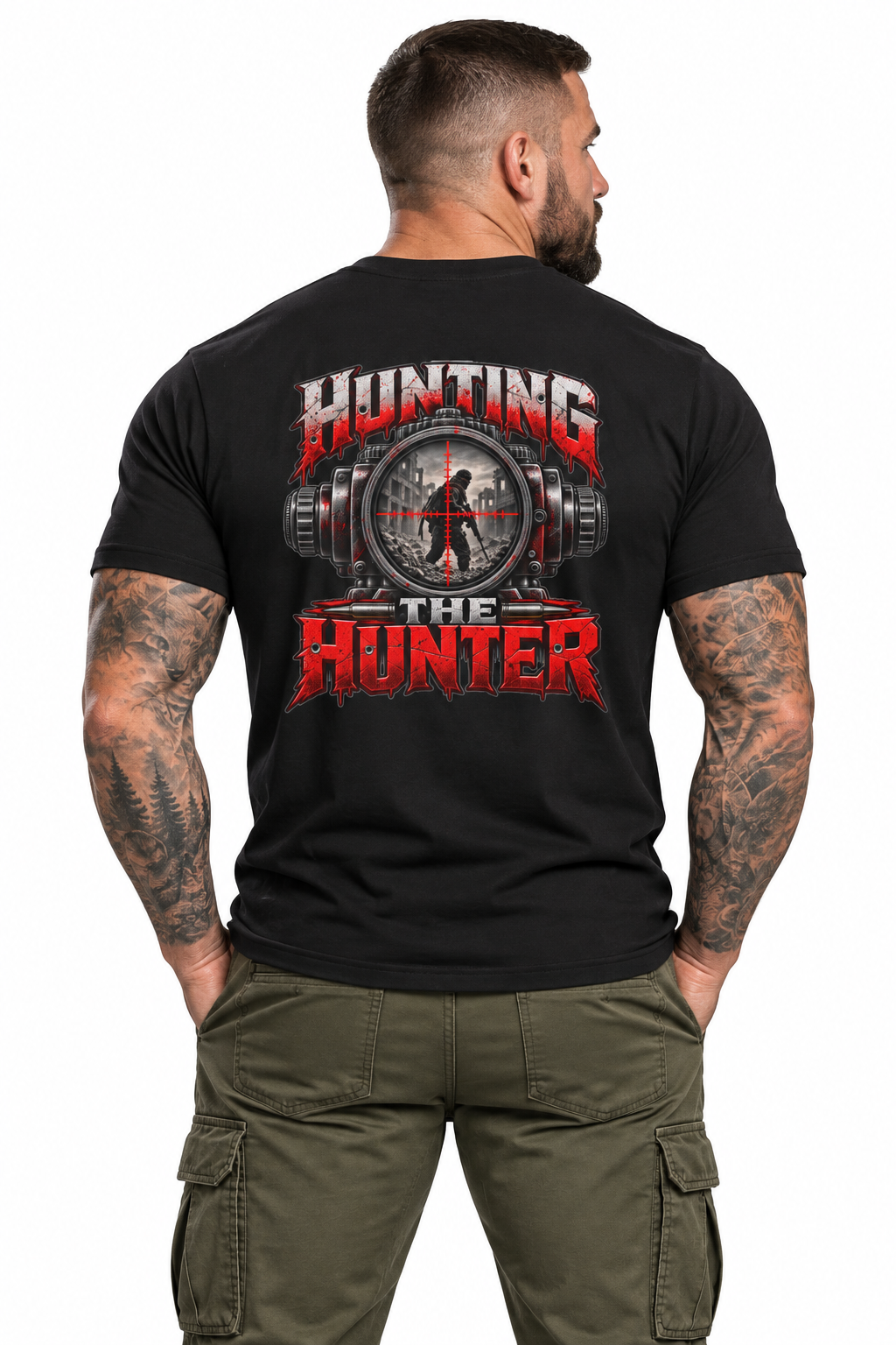 AI-generated model — correct rear view of Hunting the Hunter Graphic T-Shirt