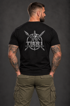 AI-generated tattooed male model — corrected rear view of Tier 1 Culture T-shirt