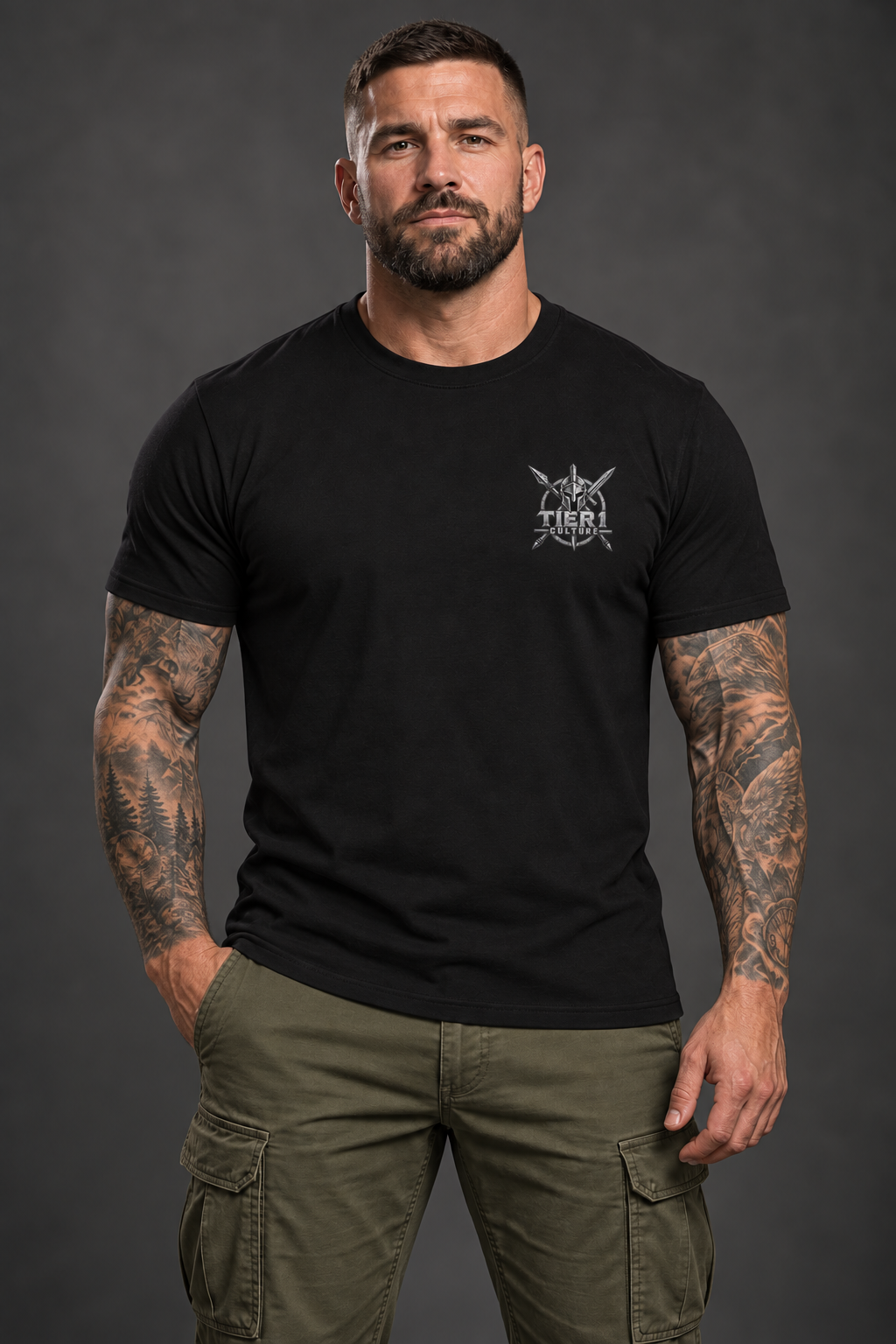 AI-generated tattooed model wearing Tier 1 Culture Spartan Warrior Logo T-Shirt