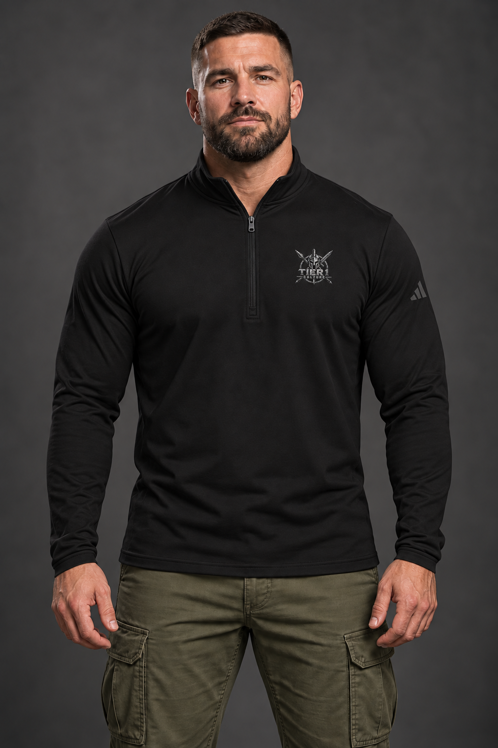 AI-generated tattooed model wearing adidas® Tier 1 Quarter-Zip Pullover