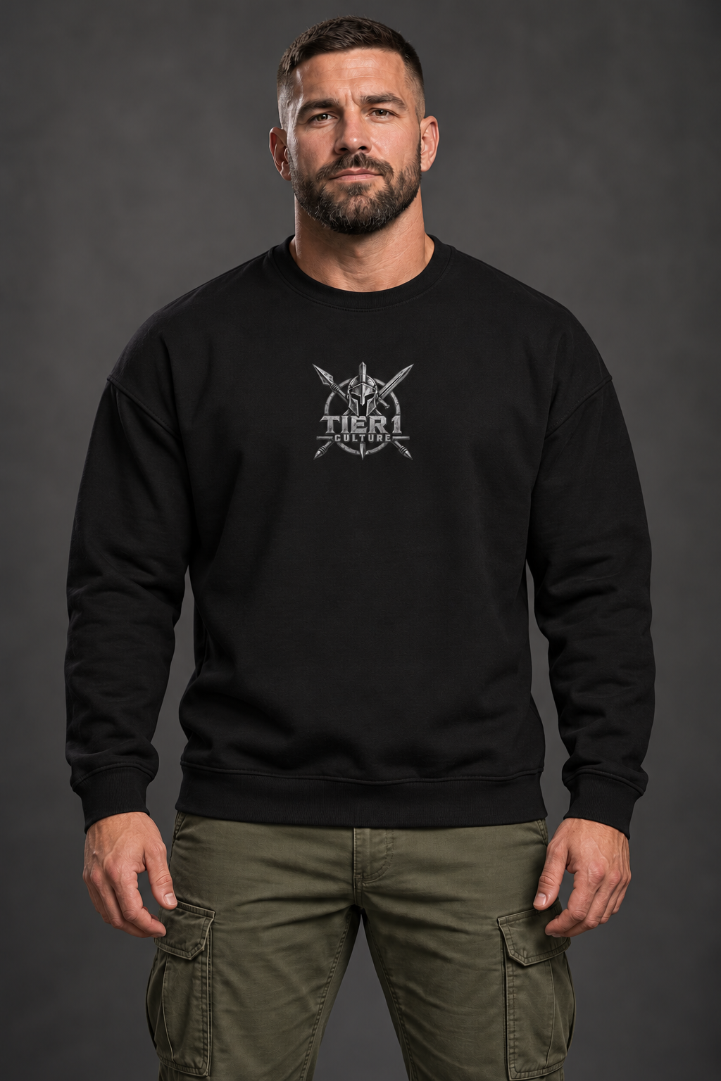 AI-generated tattooed model wearing Tier 1 Culture Midweight Fleece Crewneck Sweatshirt