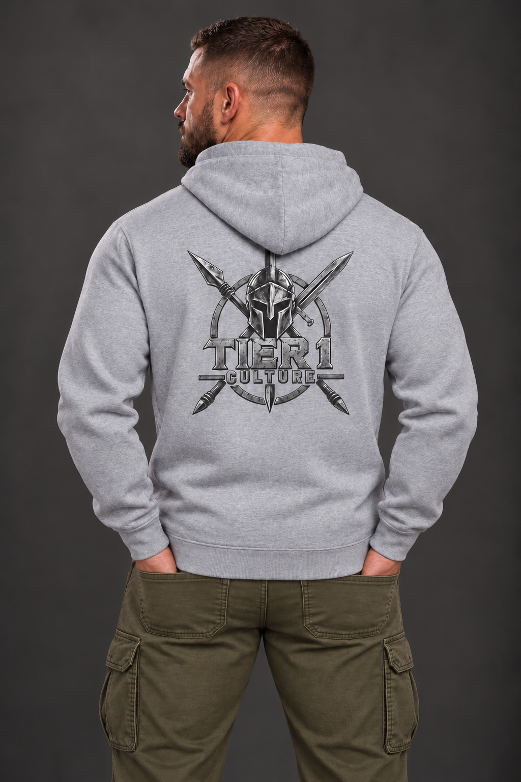 AI-generated model, corrected rear view of Tier 1 Culture Spartan Warrior Logo Hoodie | Military-Inspired Streetwear
