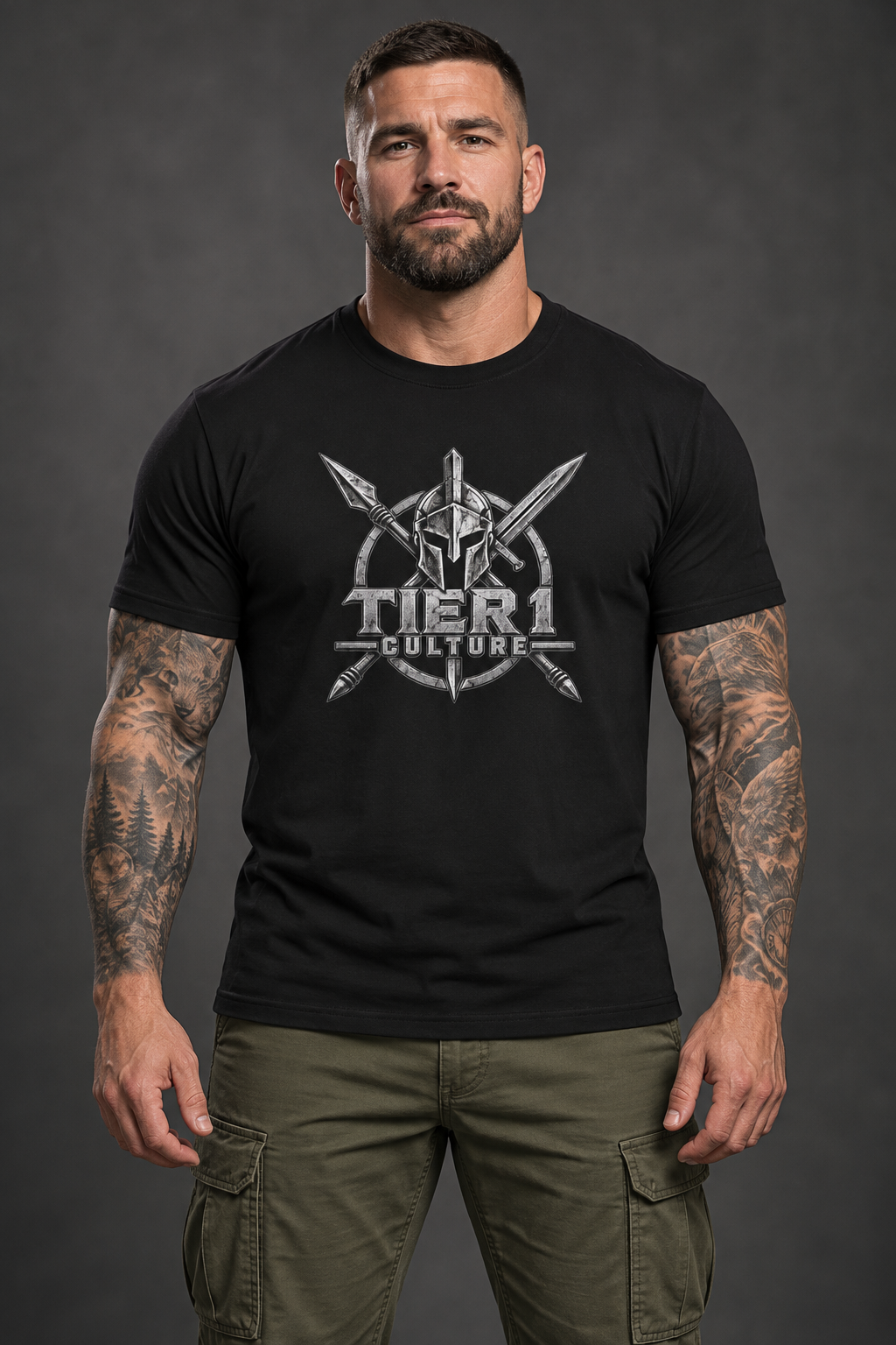AI-generated tattooed model wearing Tier 1 Culture Warrior Emblem Performance T-Shirt