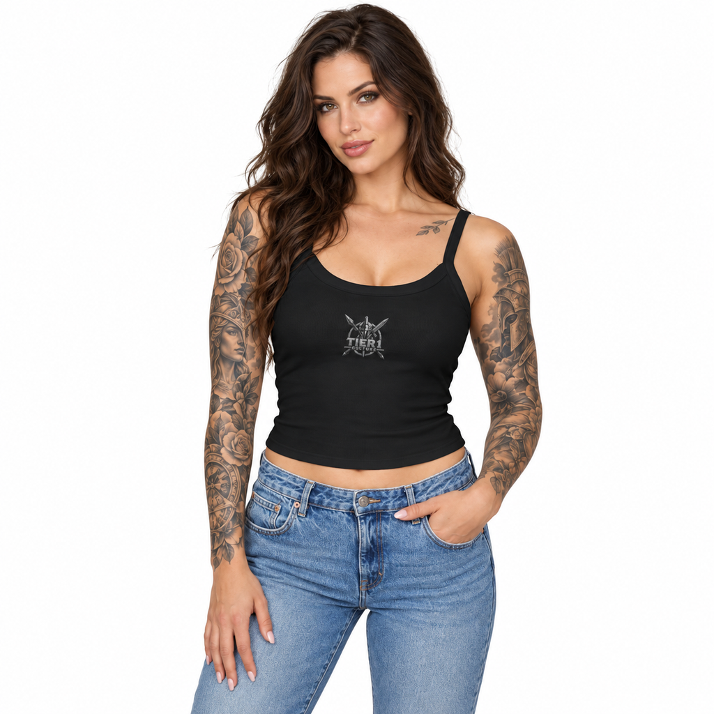 AI-generated tattooed female model wearing Women's Spaghetti Strap Tank Top with Gothic Skull Graphic