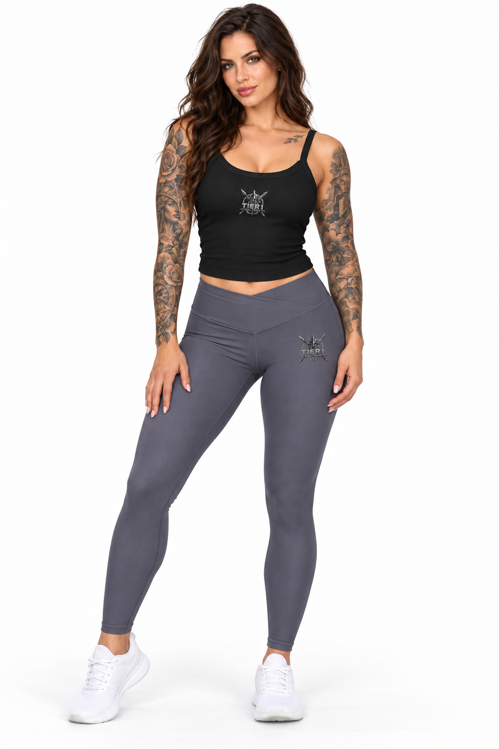AI-generated tattooed female model wearing Women’s Luxe Leggings with Gothic Spider Emblem
