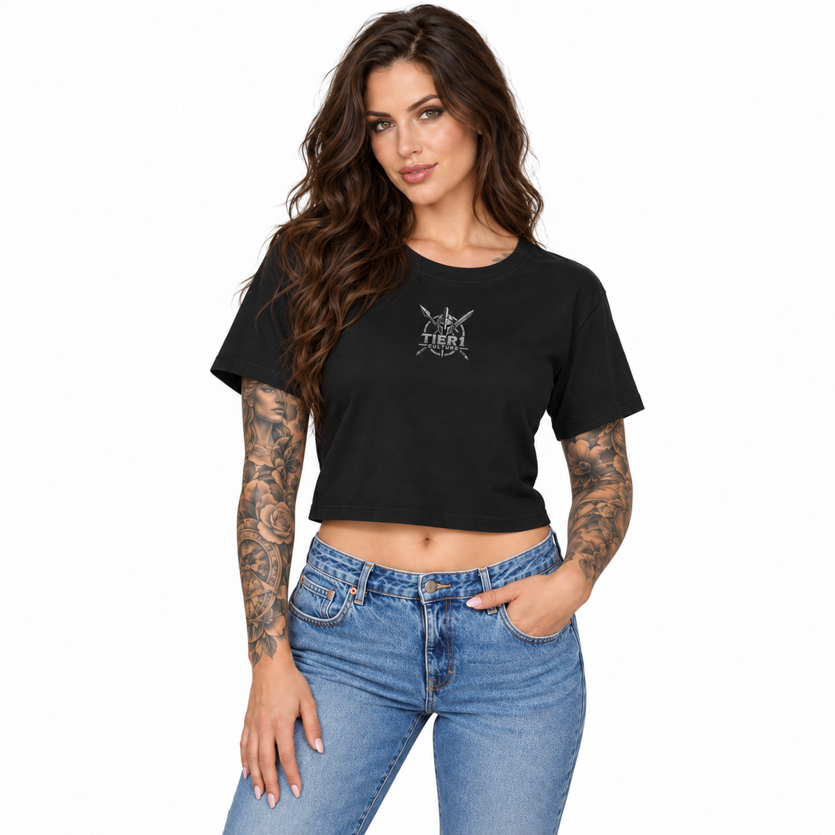 AI-generated tattooed female model wearing Women’s Cropped T-Shirt with Minimal Gothic Graphic