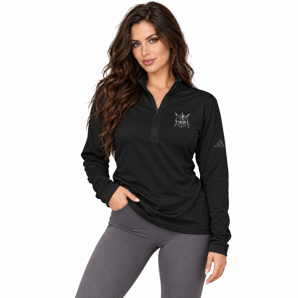 AI-generated tattooed female model wearing adidas® Tier 1 Quarter-Zip Pullover — rear view