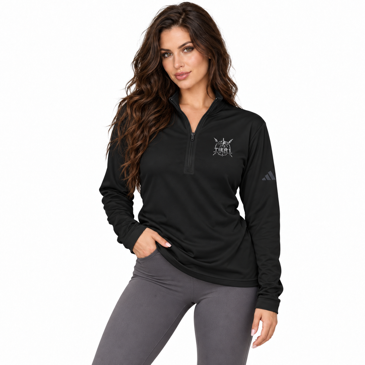 AI-generated tattooed female model wearing adidas® Tier 1 Quarter-Zip Pullover — rear view
