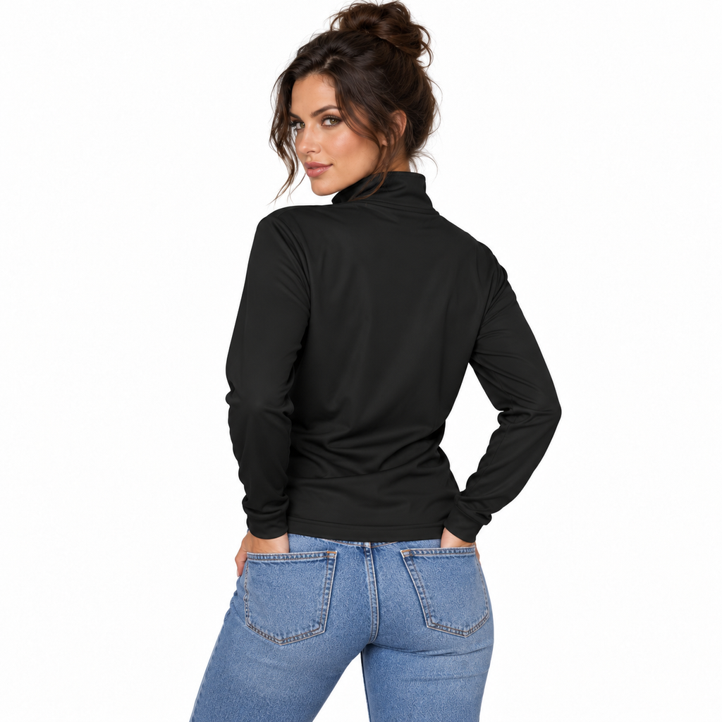 AI-generated tattooed female model wearing adidas® Tier 1 Quarter-Zip Pullover — rear view