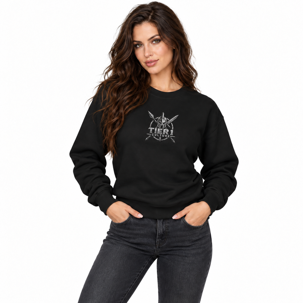AI-generated tattooed female model wearing Tier 1 Culture Midweight Fleece Crewneck Sweatshirt