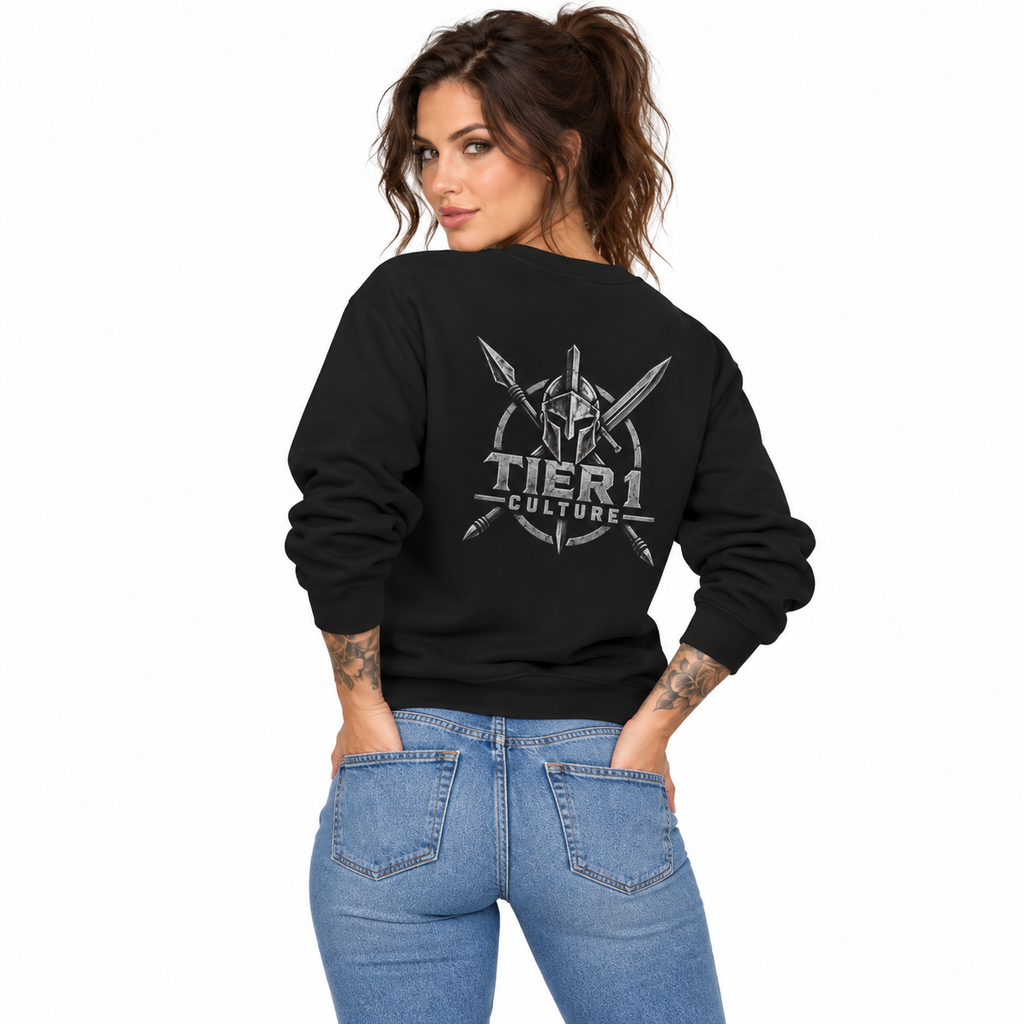 AI-generated tattooed female model wearing Tier 1 Culture Midweight Fleece Crewneck Sweatshirt — rear view
