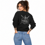 AI-generated tattooed female model wearing Tier 1 Culture Midweight Fleece Crewneck Sweatshirt — rear view