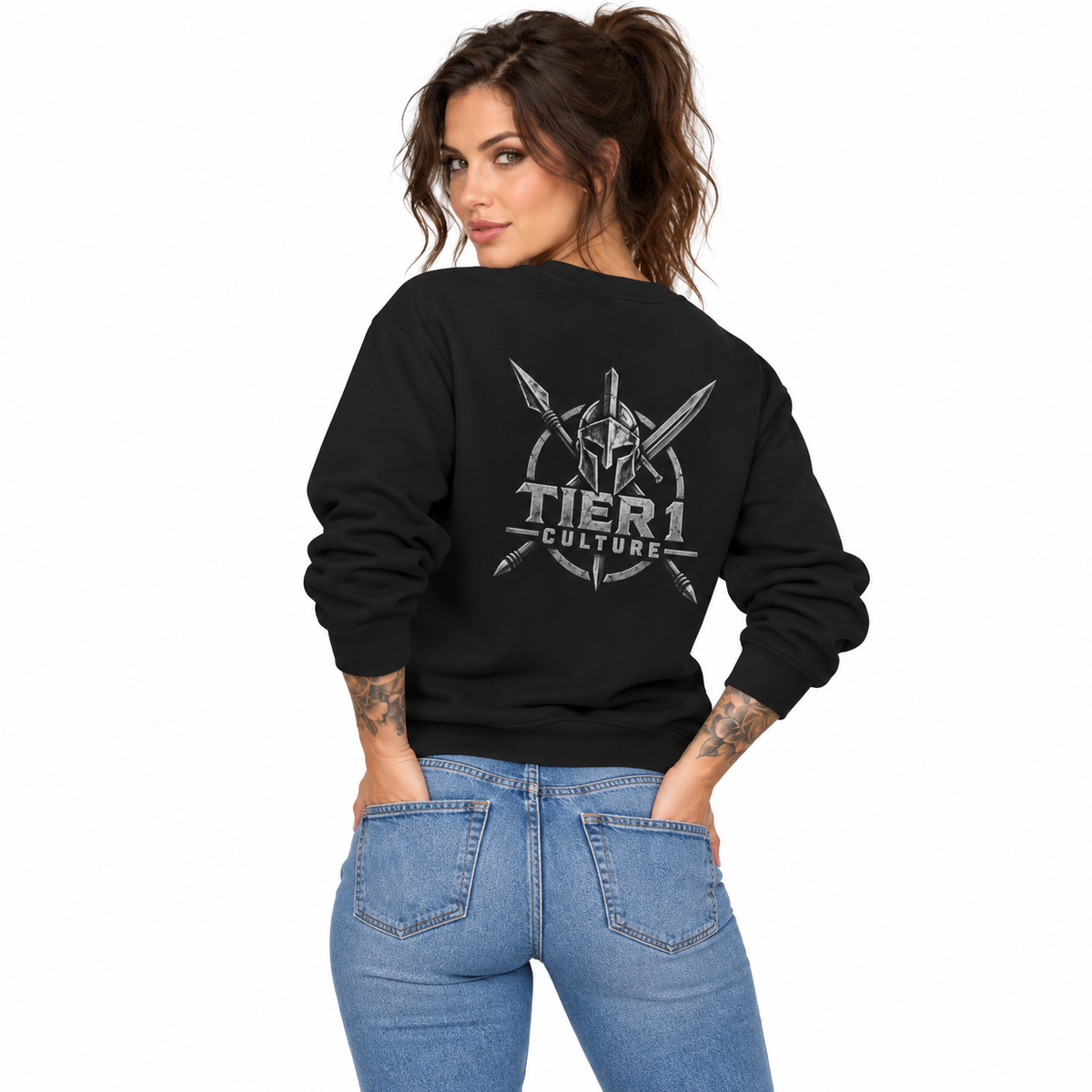 AI-generated tattooed female model wearing Tier 1 Culture Midweight Fleece Crewneck Sweatshirt — rear view